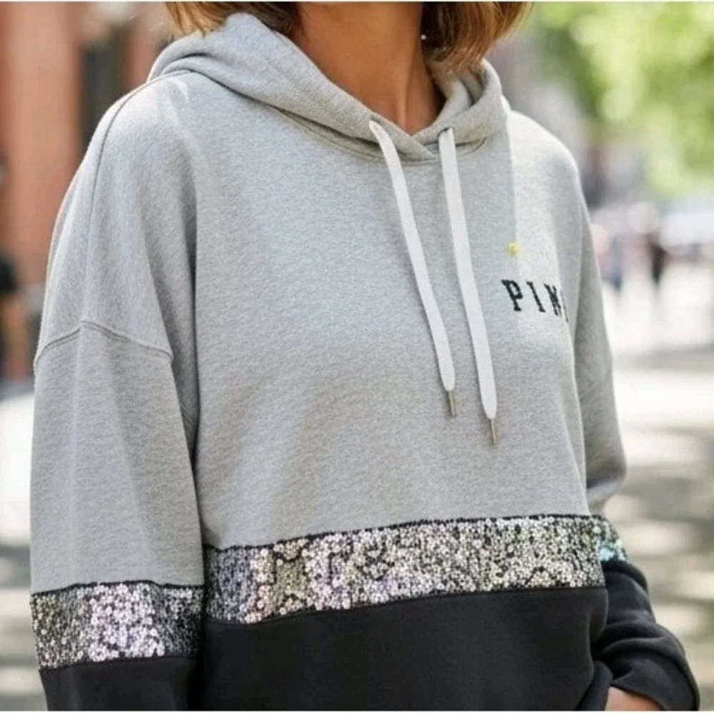 Victoria's Secret PINK Gray Marled Sequin Hoodie SZ M Y2K 2000s Athleisure